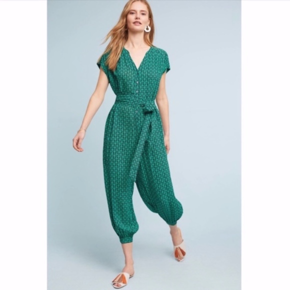 Anthropologie Pants - Anthropologie Maeve blue Green Geoscope button up belted Jumpsuit